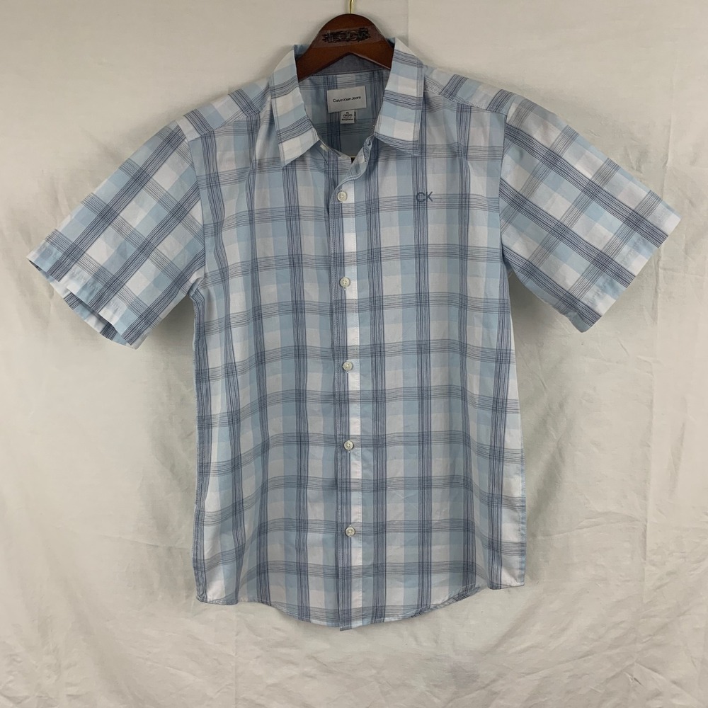 New Calvin Klein Shirt Youth Boys XL 18/20 Blue Short Sleeve‎ Button Up